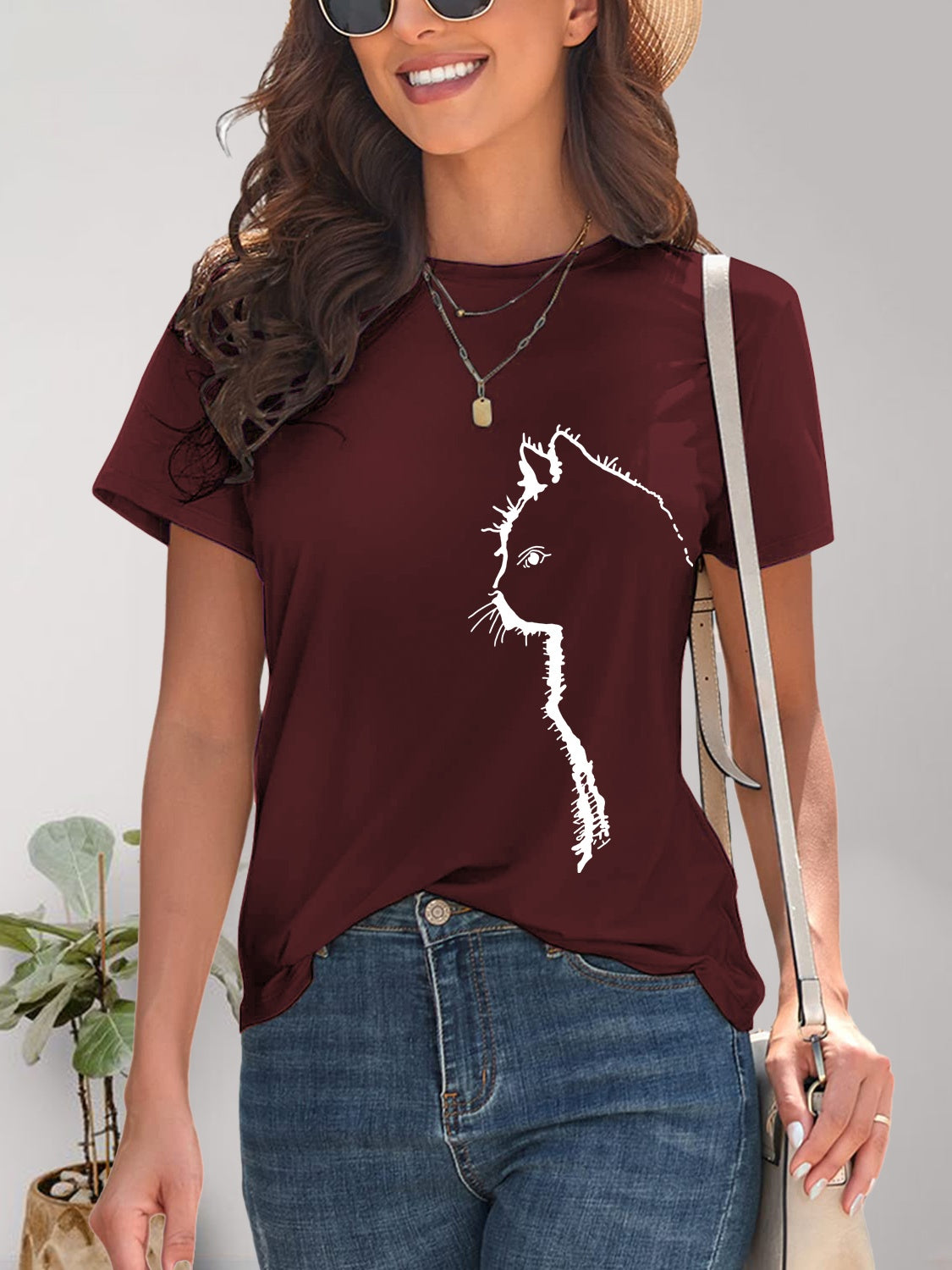 Maroon cat round neck short sleeve t-shirt front view