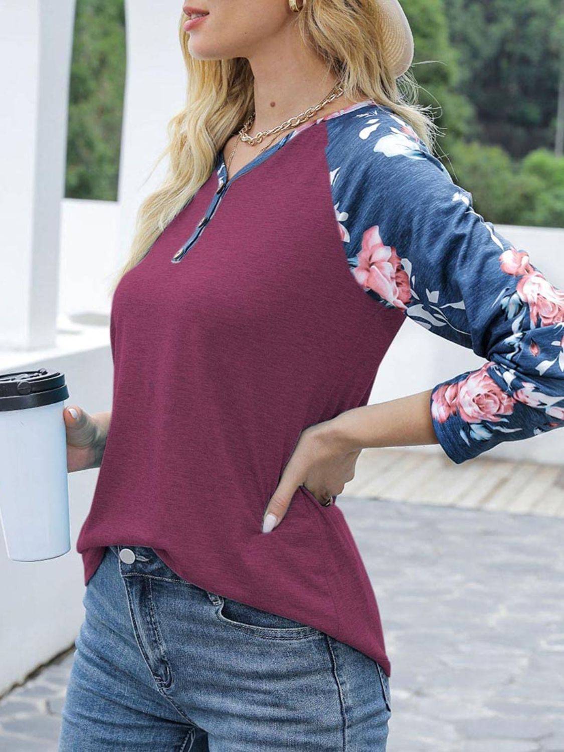 Burgundy floral long sleeve T-shirt, side view