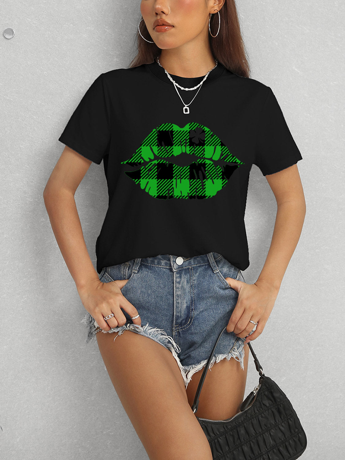 Black plaid lip graphic t-shirt with denim shorts