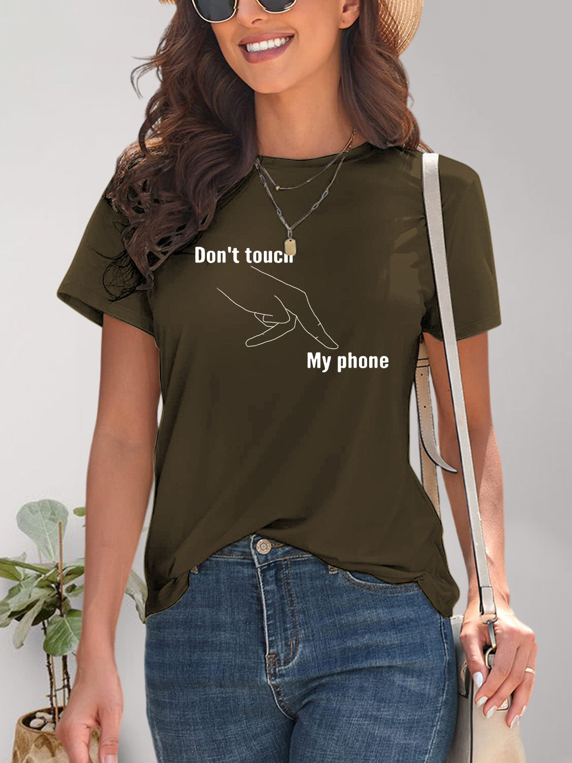 Dark olive graphic round neck short sleeve T-shirt