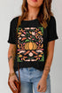 Black graphic round neck short sleeve t-shirt with pumpkin design
