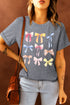 Gray T-shirt with colorful bow graphic design, front view
