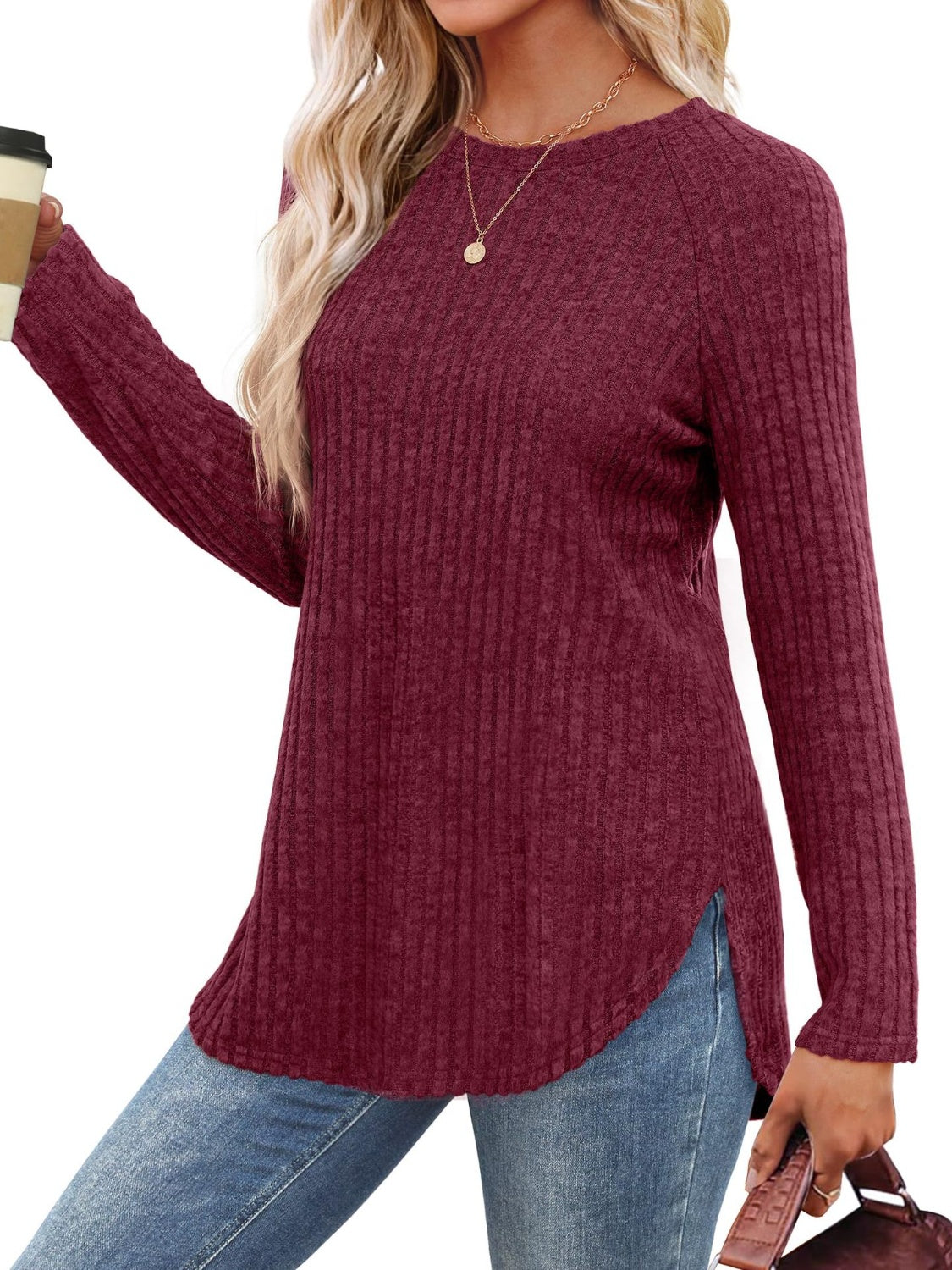 Burgundy ribbed round neck raglan sleeve t-shirt with coffee