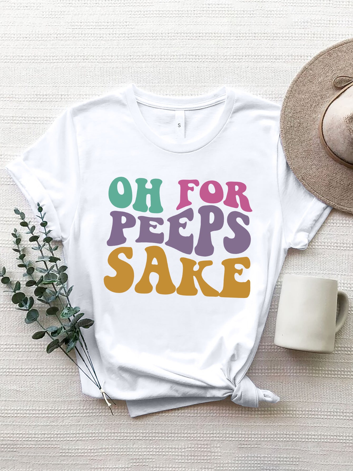 White OH FOR PEEPS SAKE round neck t-shirt with colorful text