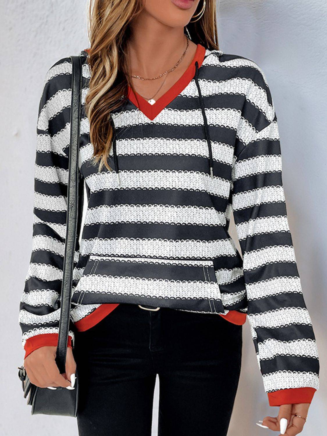 Perfee contrast striped hoodie with red accents