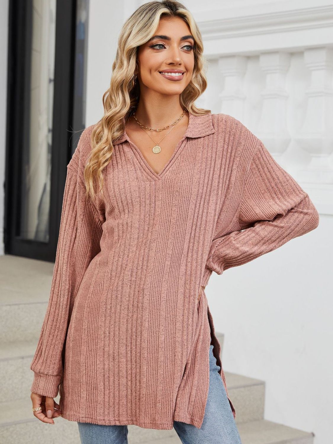 Pink slit Johnny collar long sleeve t-shirt front view