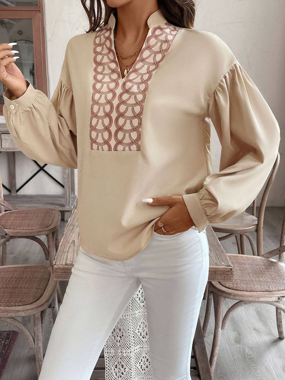 Perfee printed notched long sleeve blouse, side view