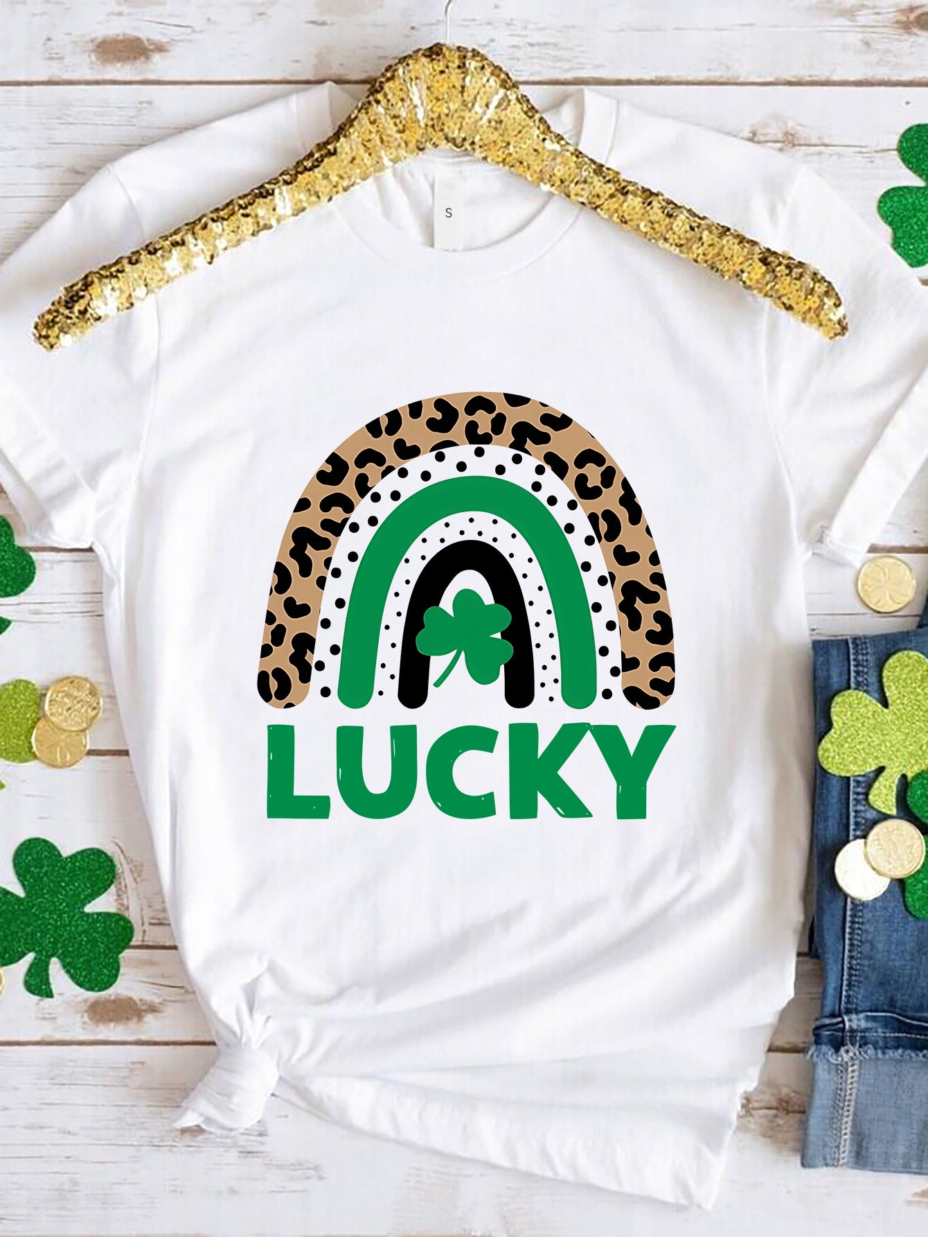 White LUCKY round neck short sleeve t-shirt with rainbow design