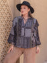 Plus size ruffled printed blouse with notched long sleeves