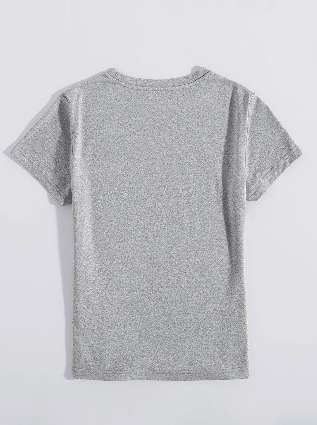 Back view of light gray round neck short sleeve t-shirt
