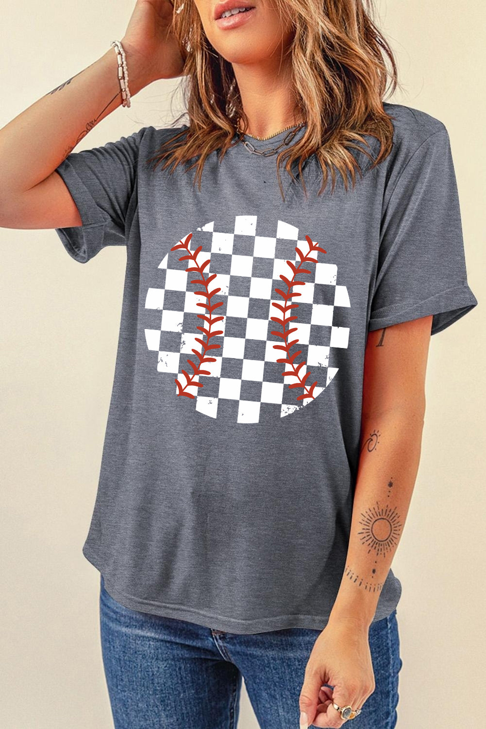 Checkered graphic round neck short sleeve t-shirt front view