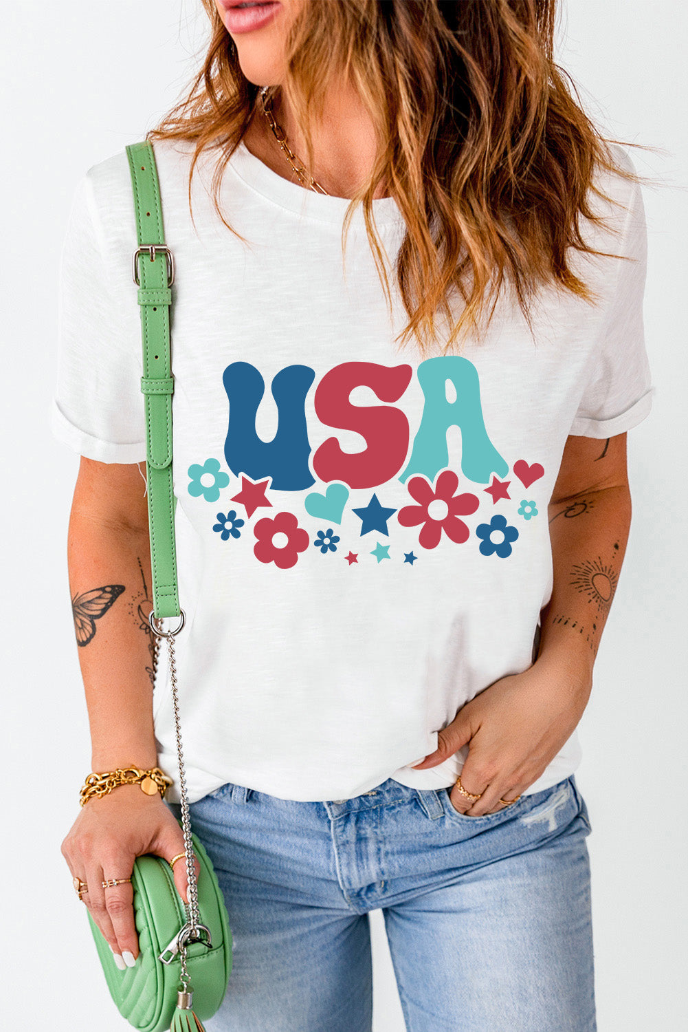 USA round neck short sleeve t-shirt with floral design