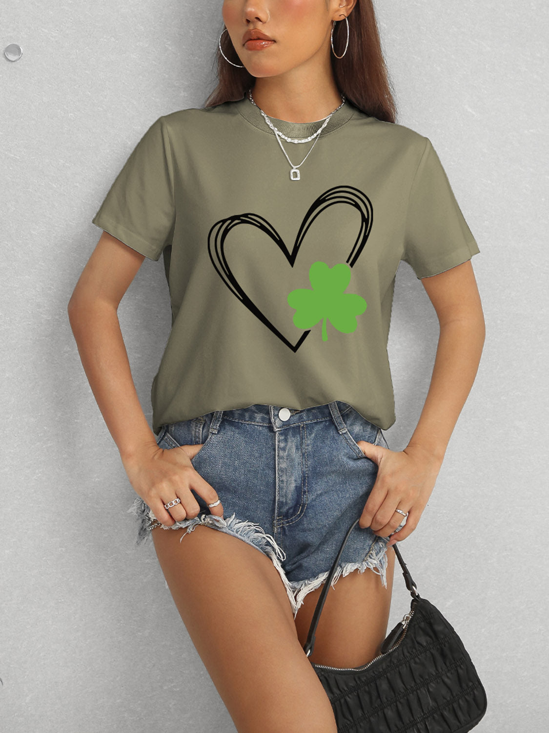 Olive Heart Clover T-Shirt with Denim Shorts