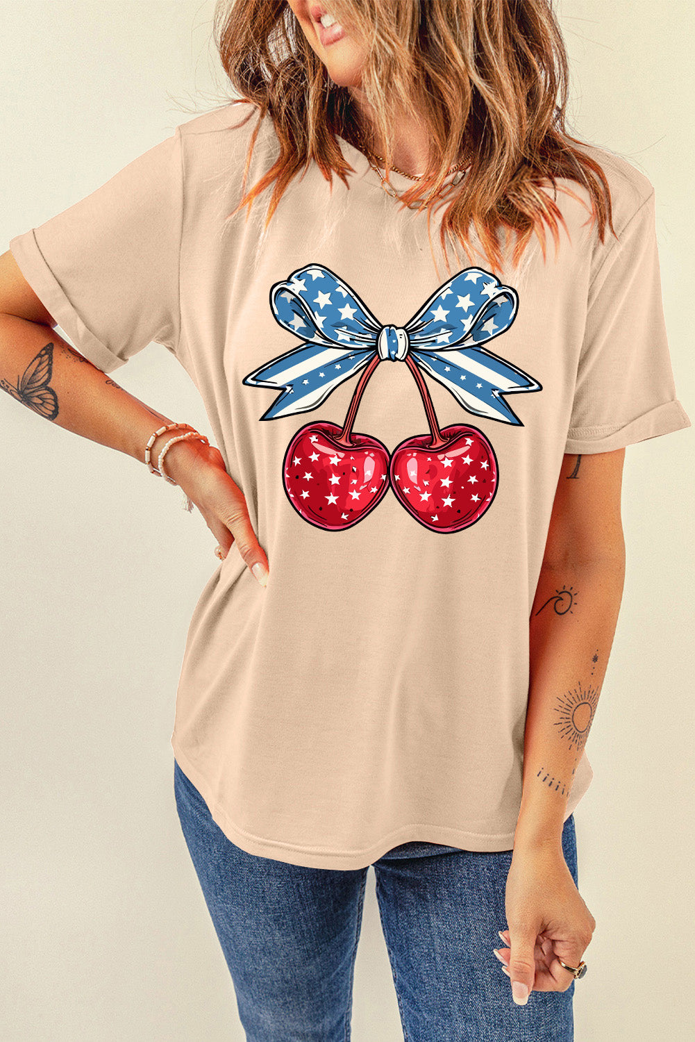 Round neck T-shirt with cherry and bow design
