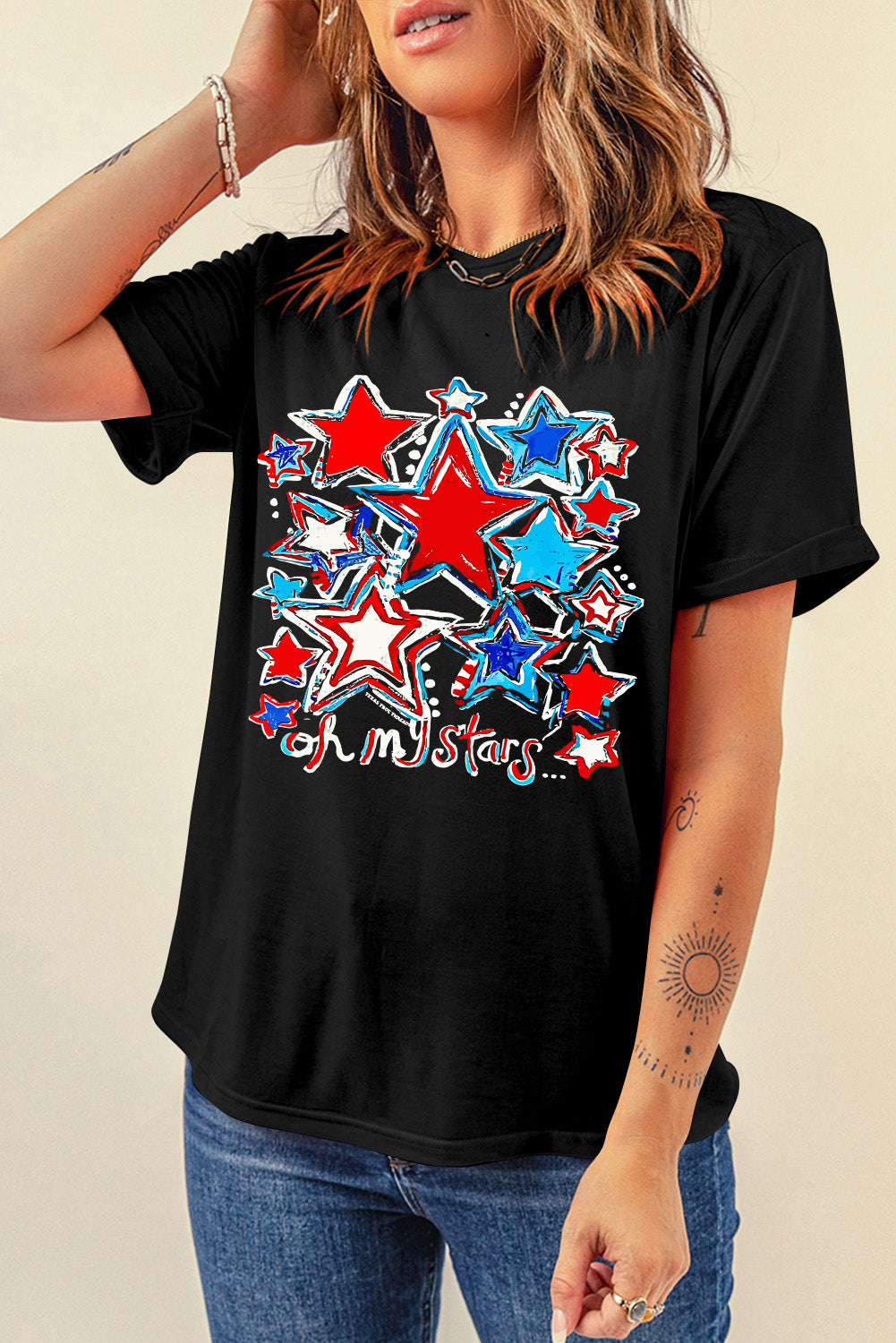 Front view of graphic t-shirt with red and blue stars