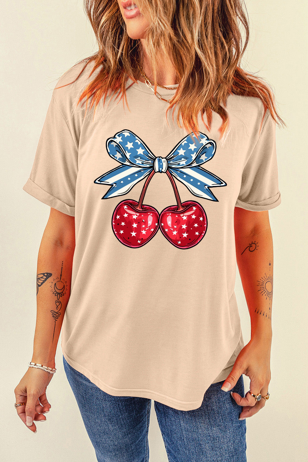 Cherry graphic T-shirt with blue bow, casual style