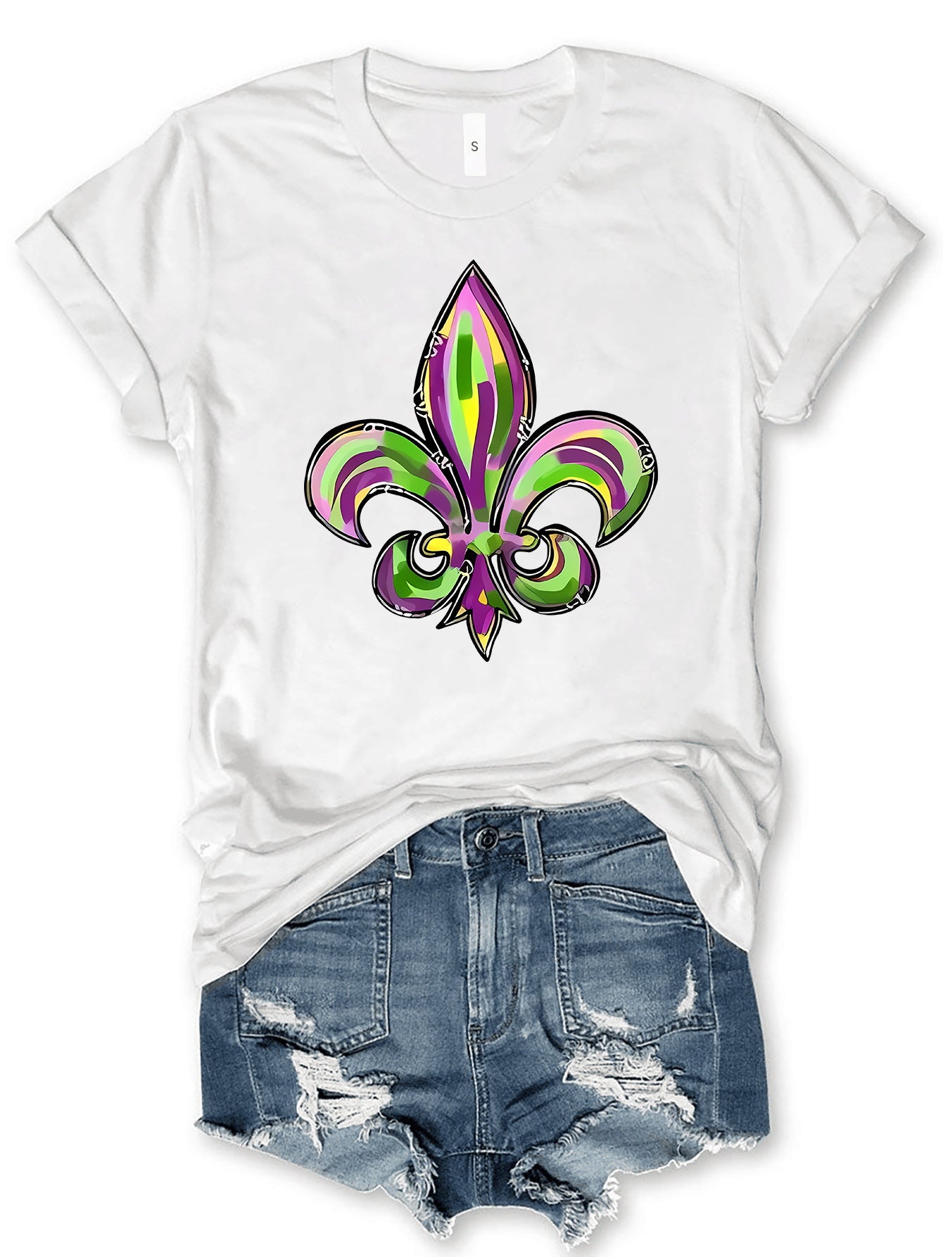 White T-shirt with Mardi Gras graphic and denim shorts