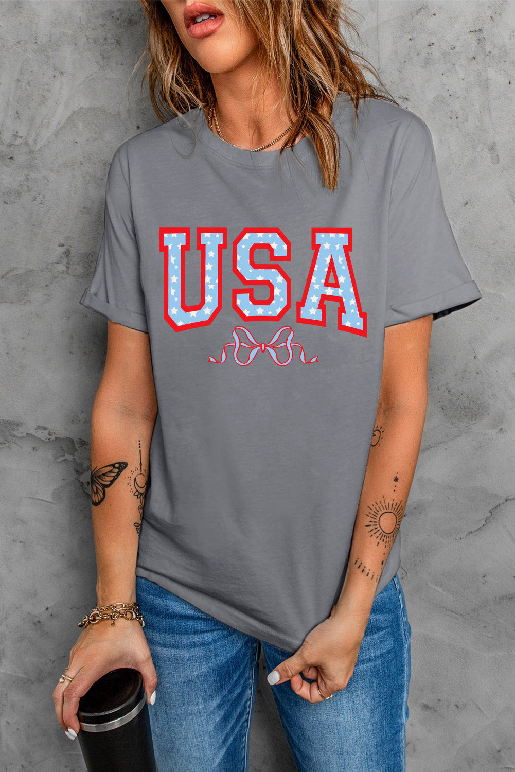 Gray USA t-shirt with short sleeves and bow detail