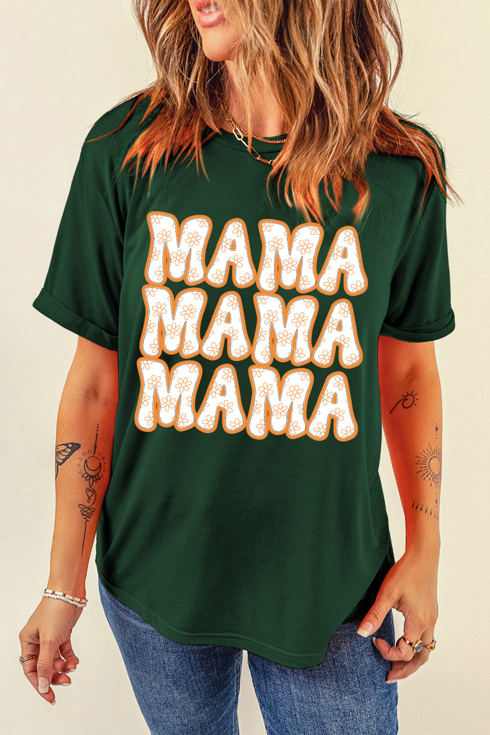 Green MAMA T-shirt with round neck and short sleeves, front view