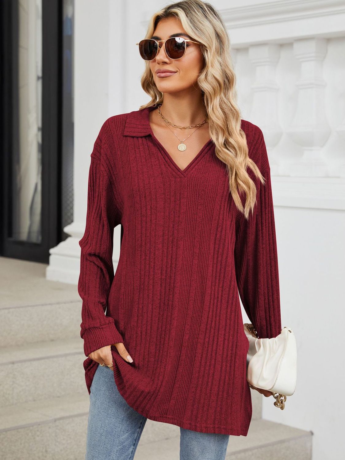 Red slit Johnny collar long sleeve t-shirt with sunglasses