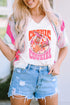 Cosmic Cowgirl graphic V-neck T-shirt with denim shorts