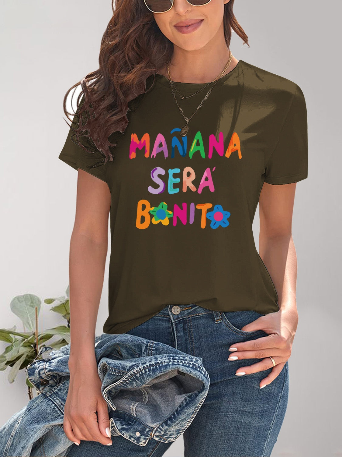 Dark green T-shirt with colorful &