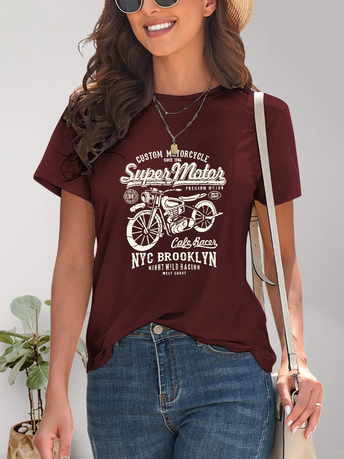 Maroon motorcycle graphic round neck T-shirt, styled front view