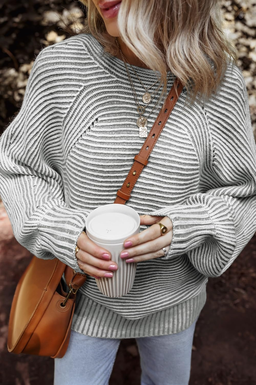 Gray textured striped round neck long sleeve top