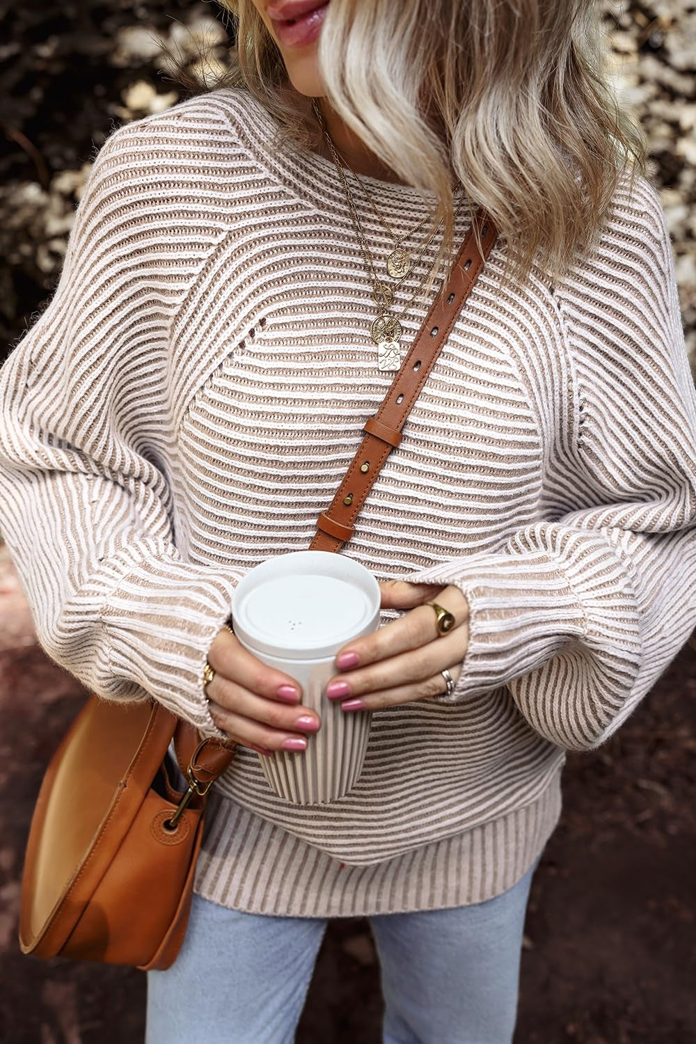 Beige textured striped round neck top with coffee cup
