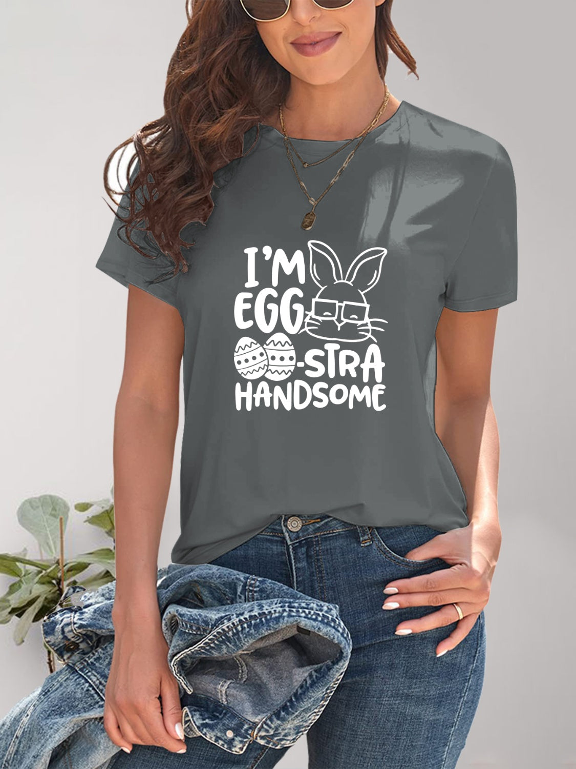 Gray graphic round neck short sleeve T-shirt