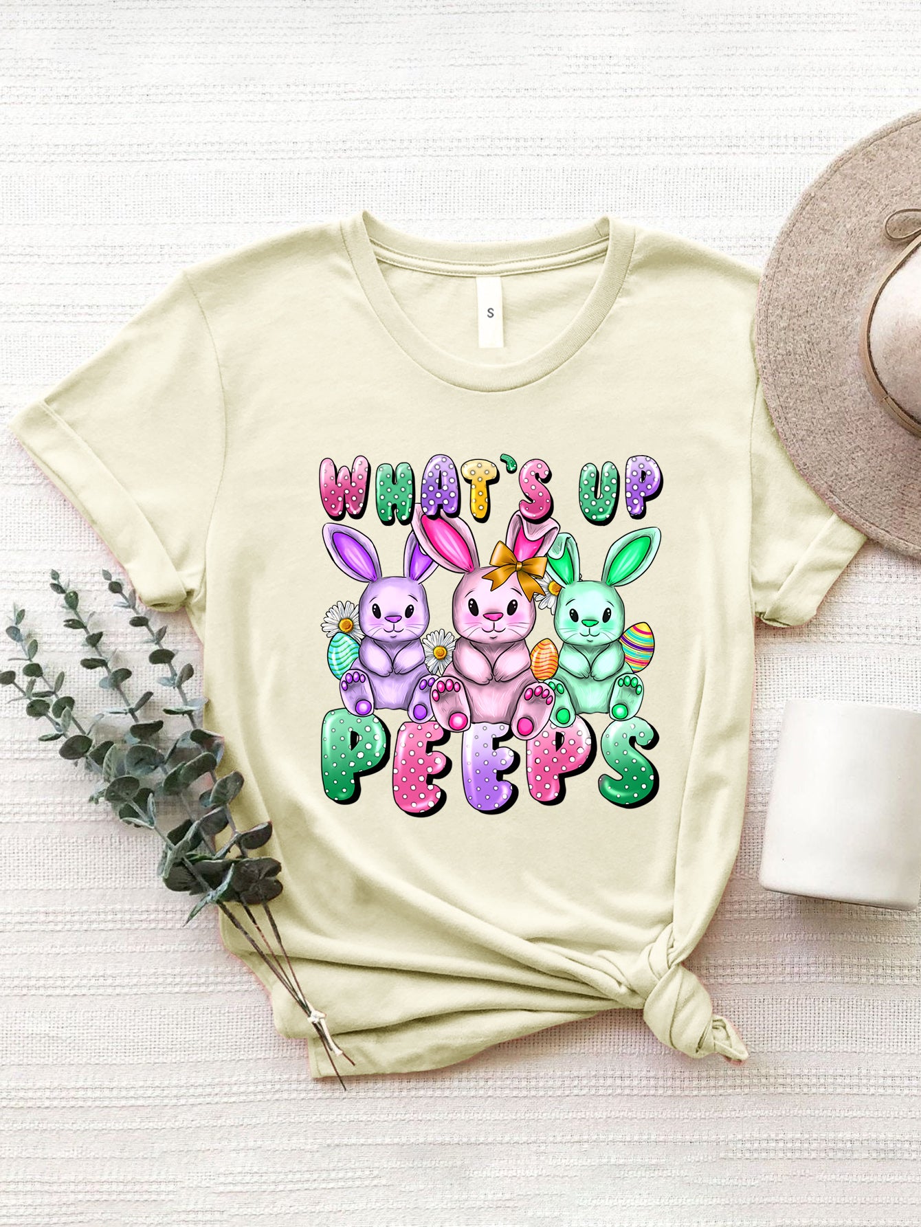 Yellow graphic round neck short sleeve t-shirt with bunny design