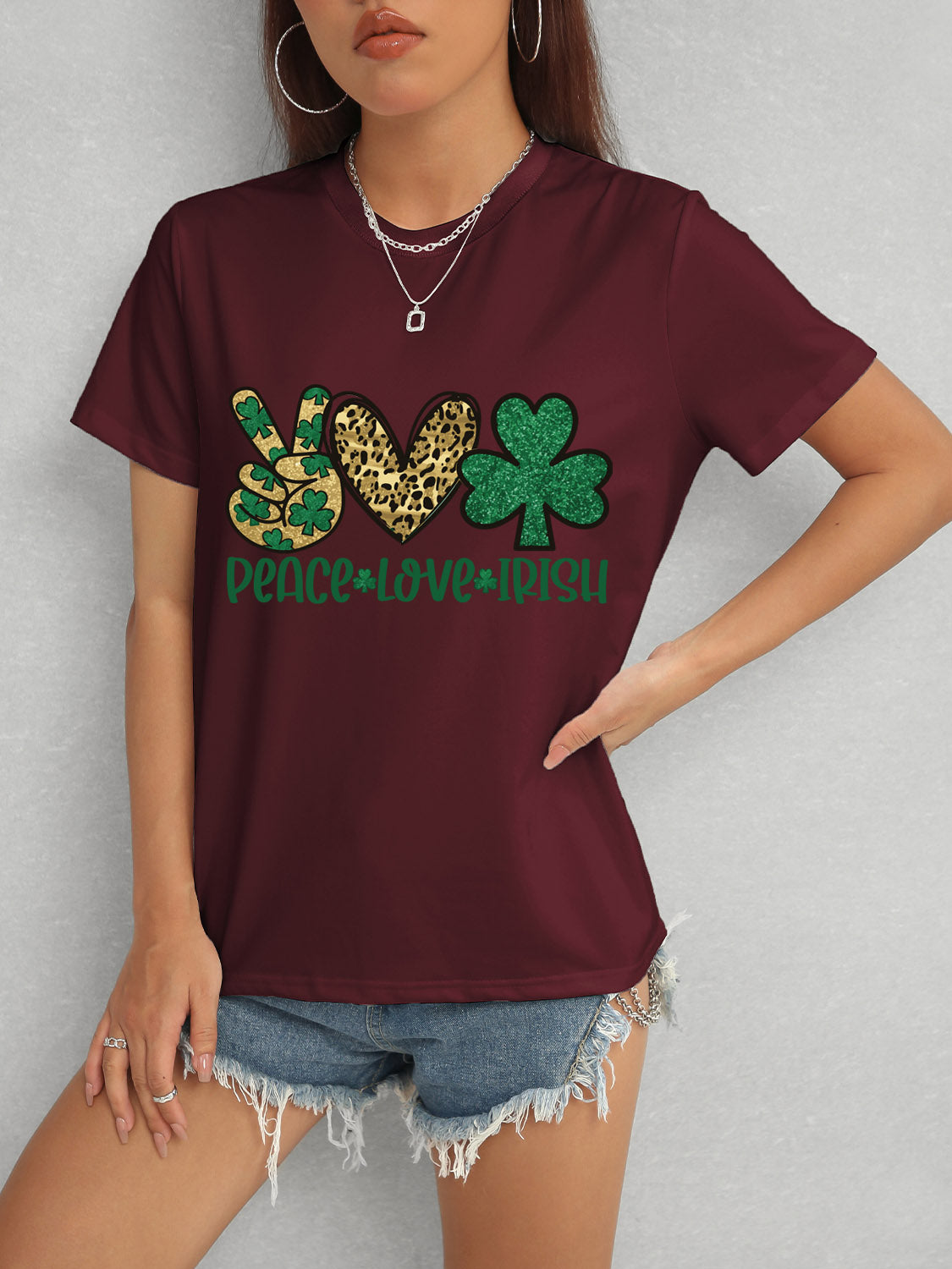 Burgundy Peace Love Irish T-Shirt with shamrock design