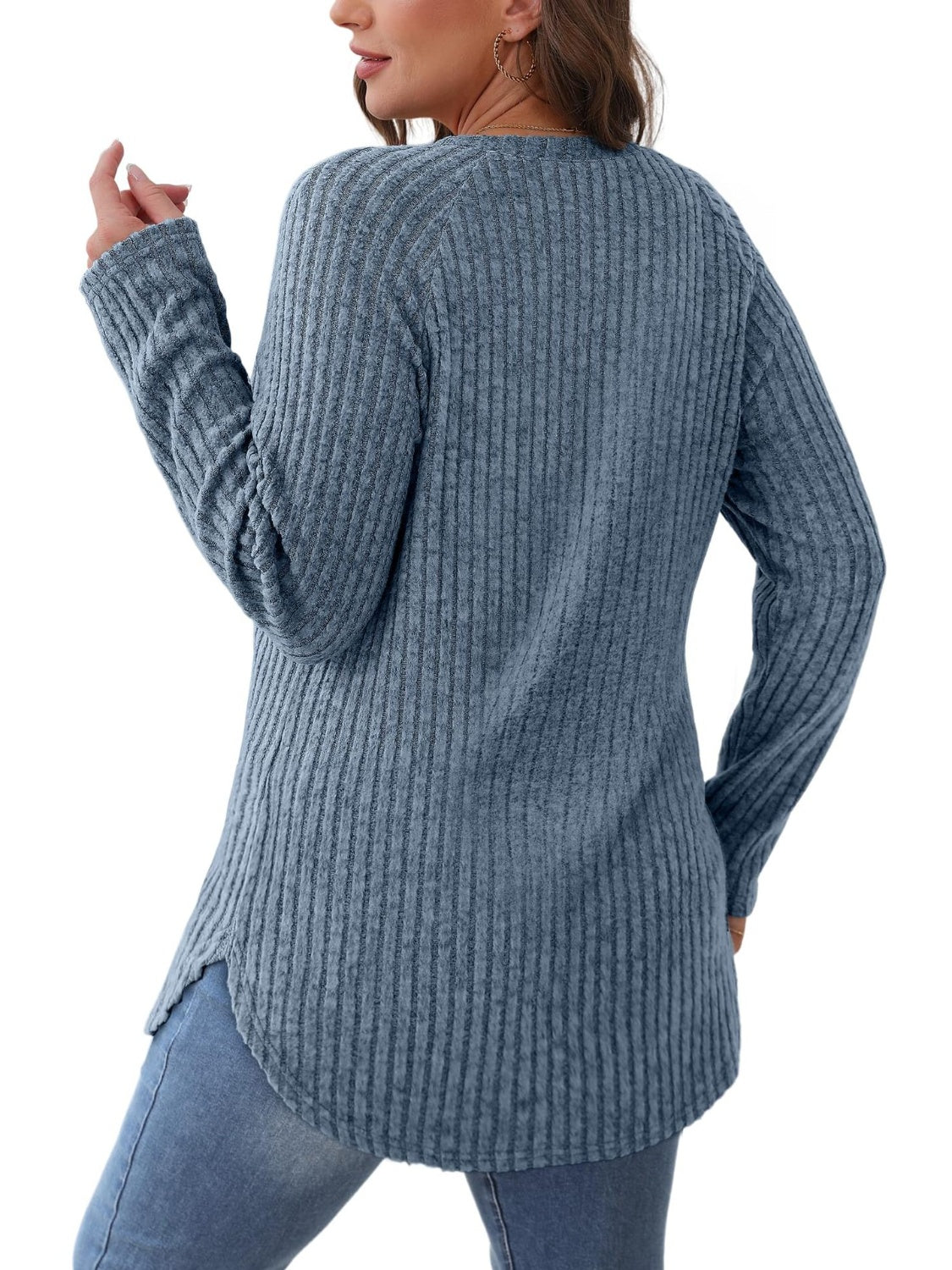 Blue ribbed round neck raglan sleeve t-shirt back view