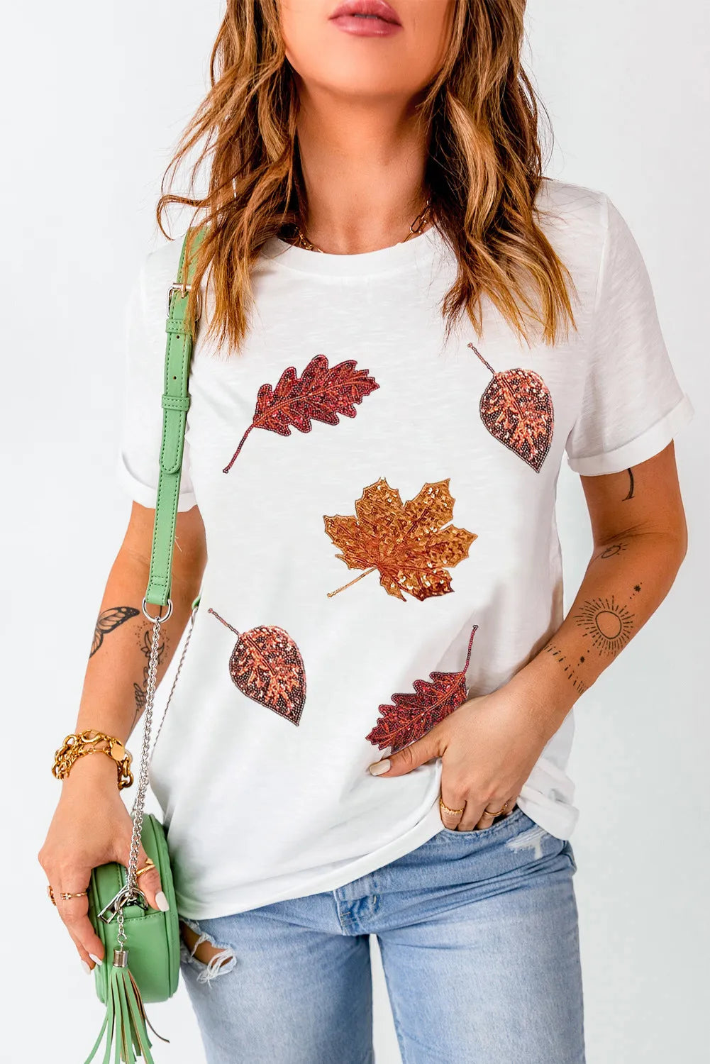 Maple Leaf Round Neck Short Sleeve T-Shirt front view