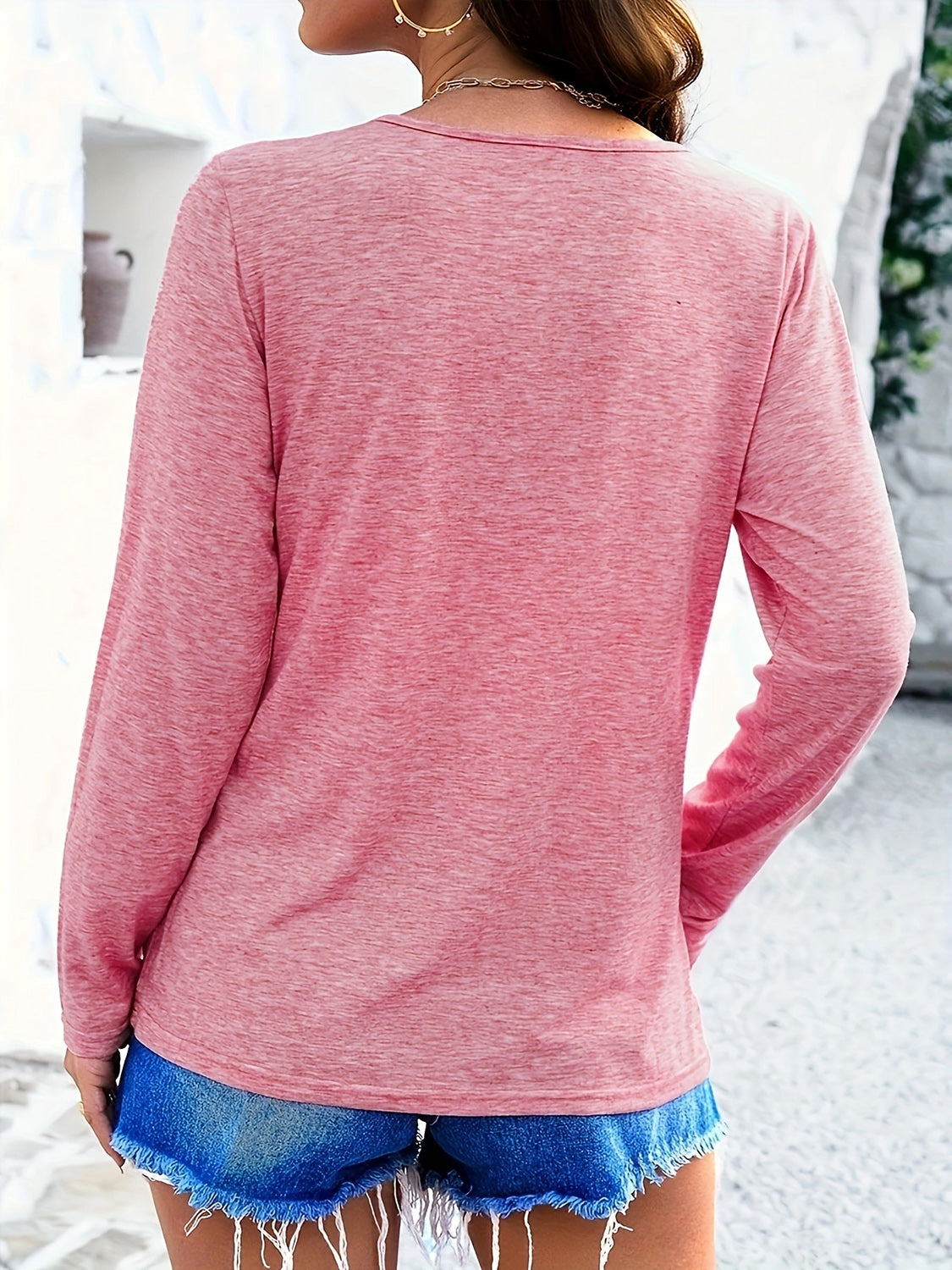 Pink crisscross V-neck long sleeve T-shirt, back view