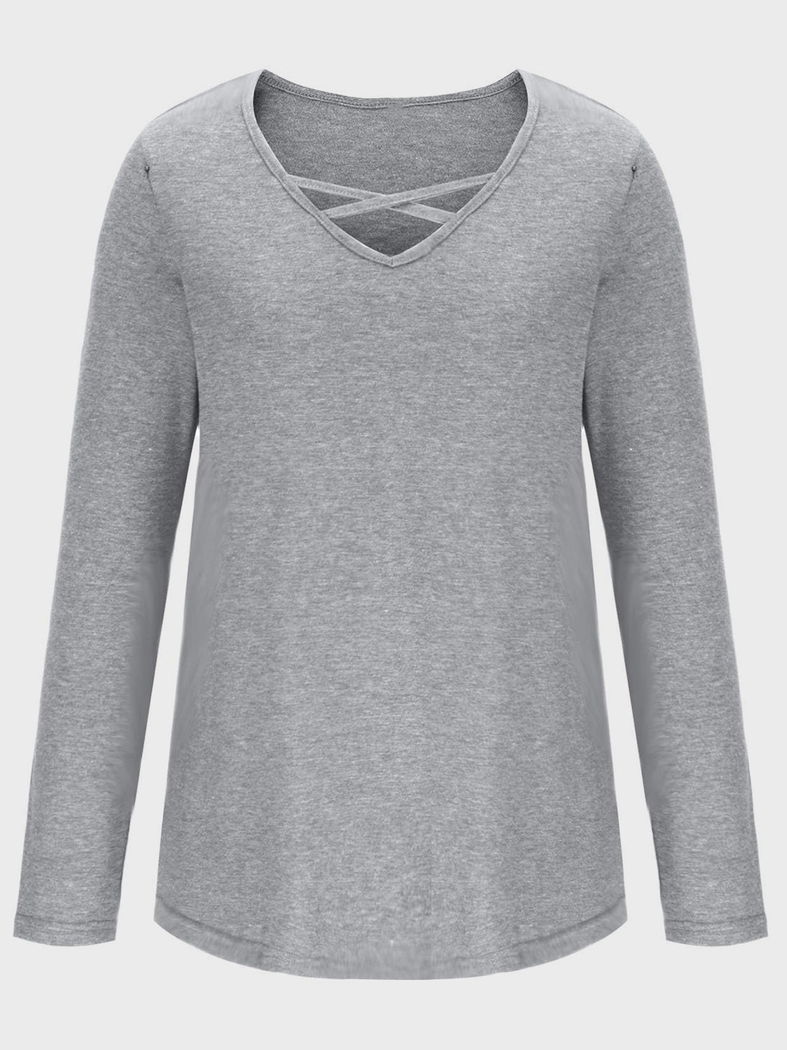 Gray crisscross V-neck long sleeve T-shirt, plain front view