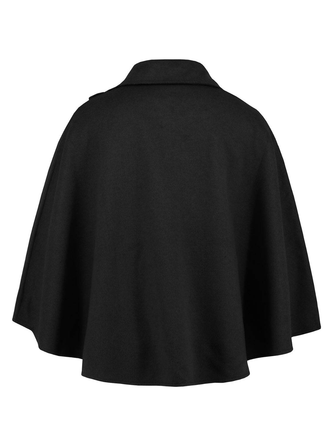 Black collared neck cropped cape, back view