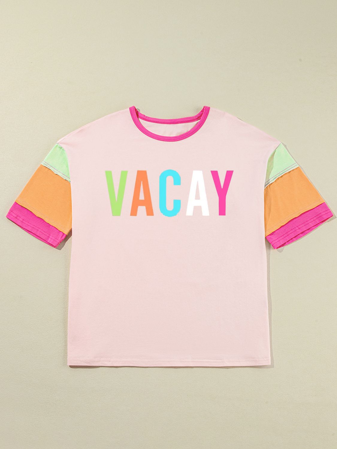 Front view of color block T-shirt with &