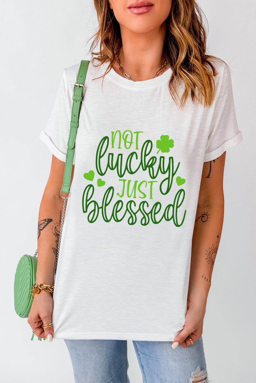 Front view of Blessed T-Shirt with green text