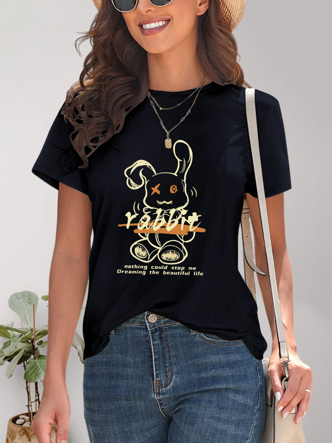 Black rabbit graphic t-shirt with round neck and short sleeves