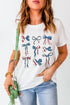White T-shirt with bow designs, round neck, short sleeves.