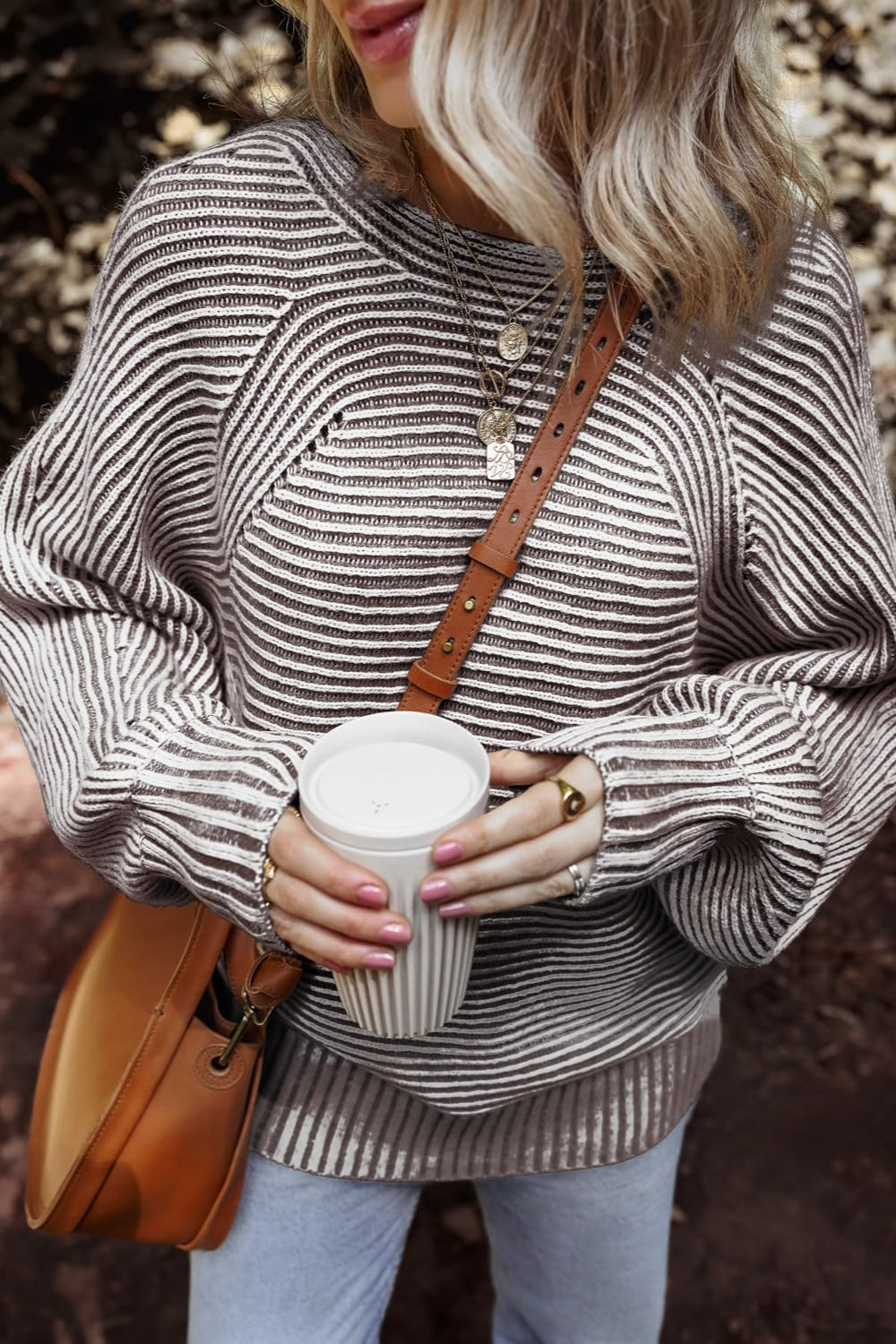 Brown textured striped round neck top with coffee cup