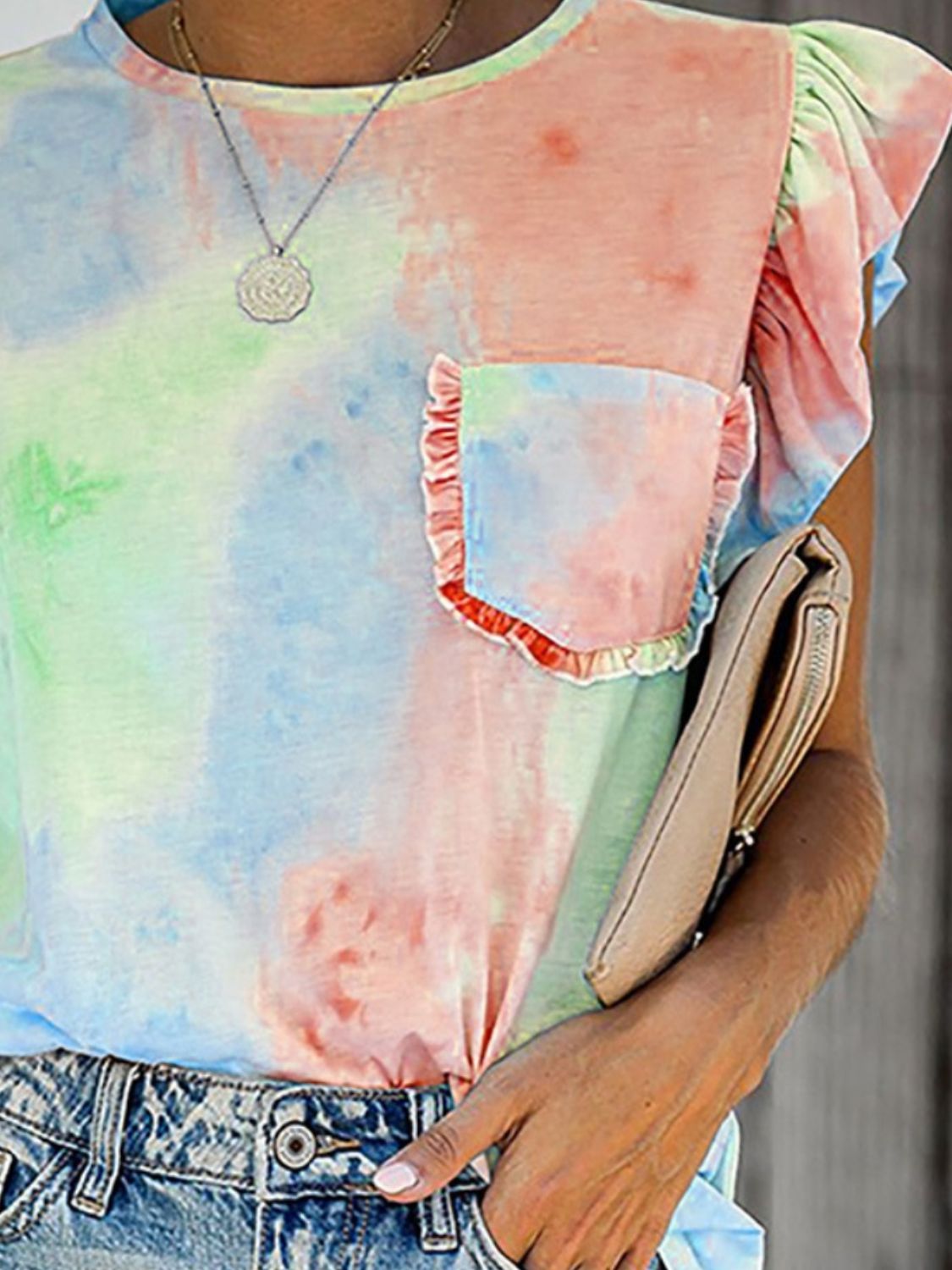 Multicolor tie-dye ruffled round neck cap sleeve T-shirt detail