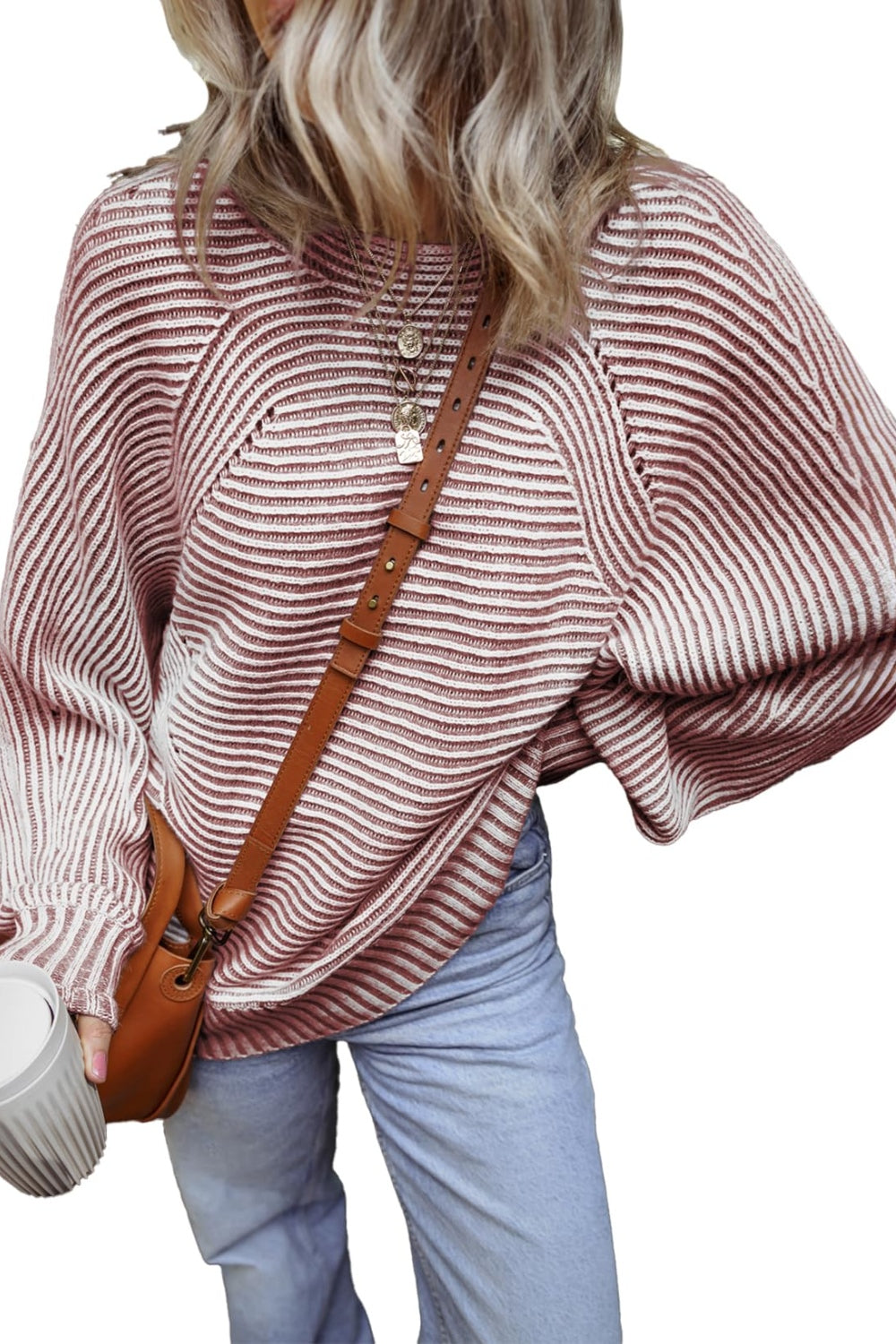 Pink textured striped top with brown bag