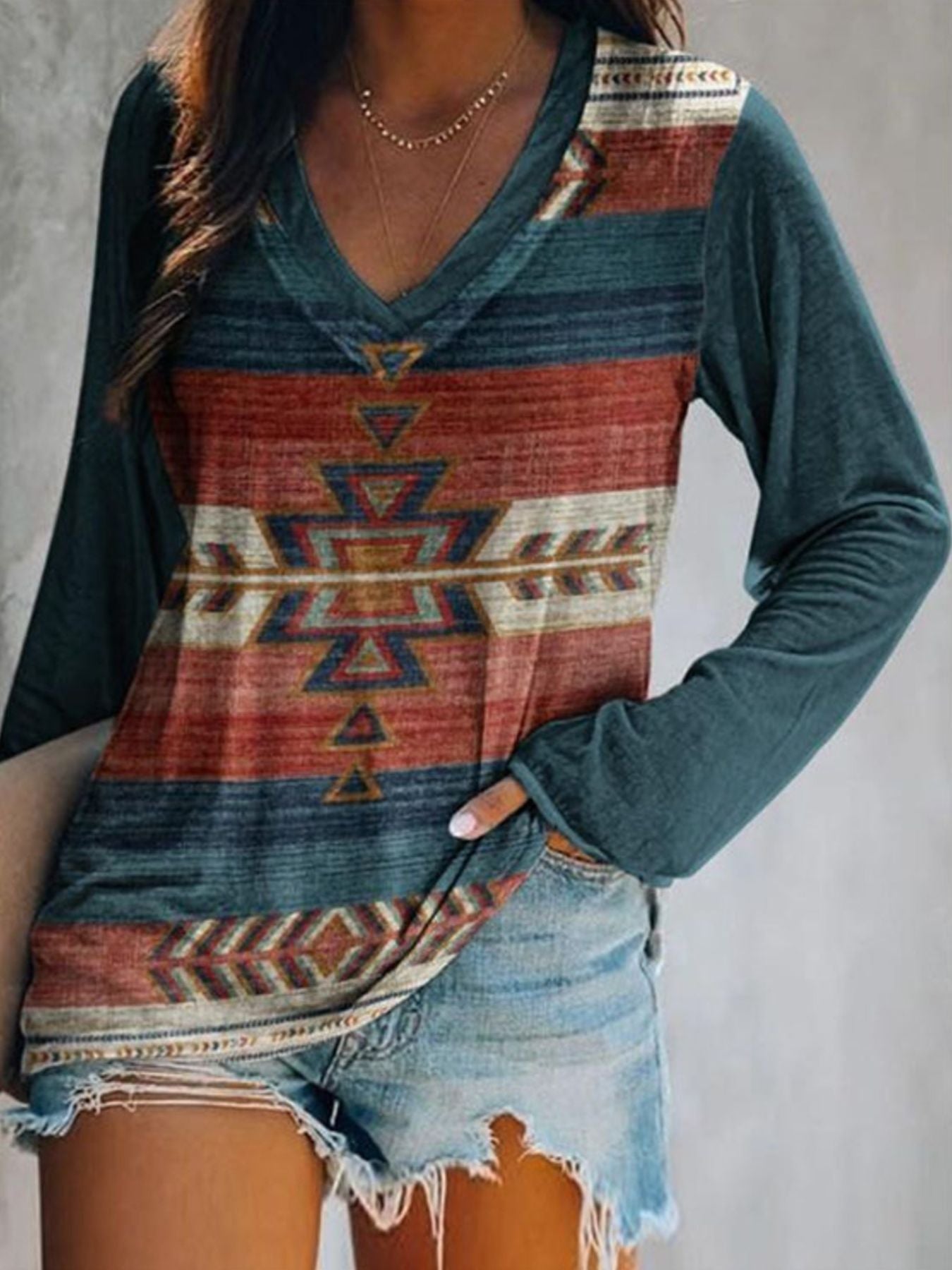 Full Size Geometric V-Neck Long Sleeve T-Shirt Plus Size
