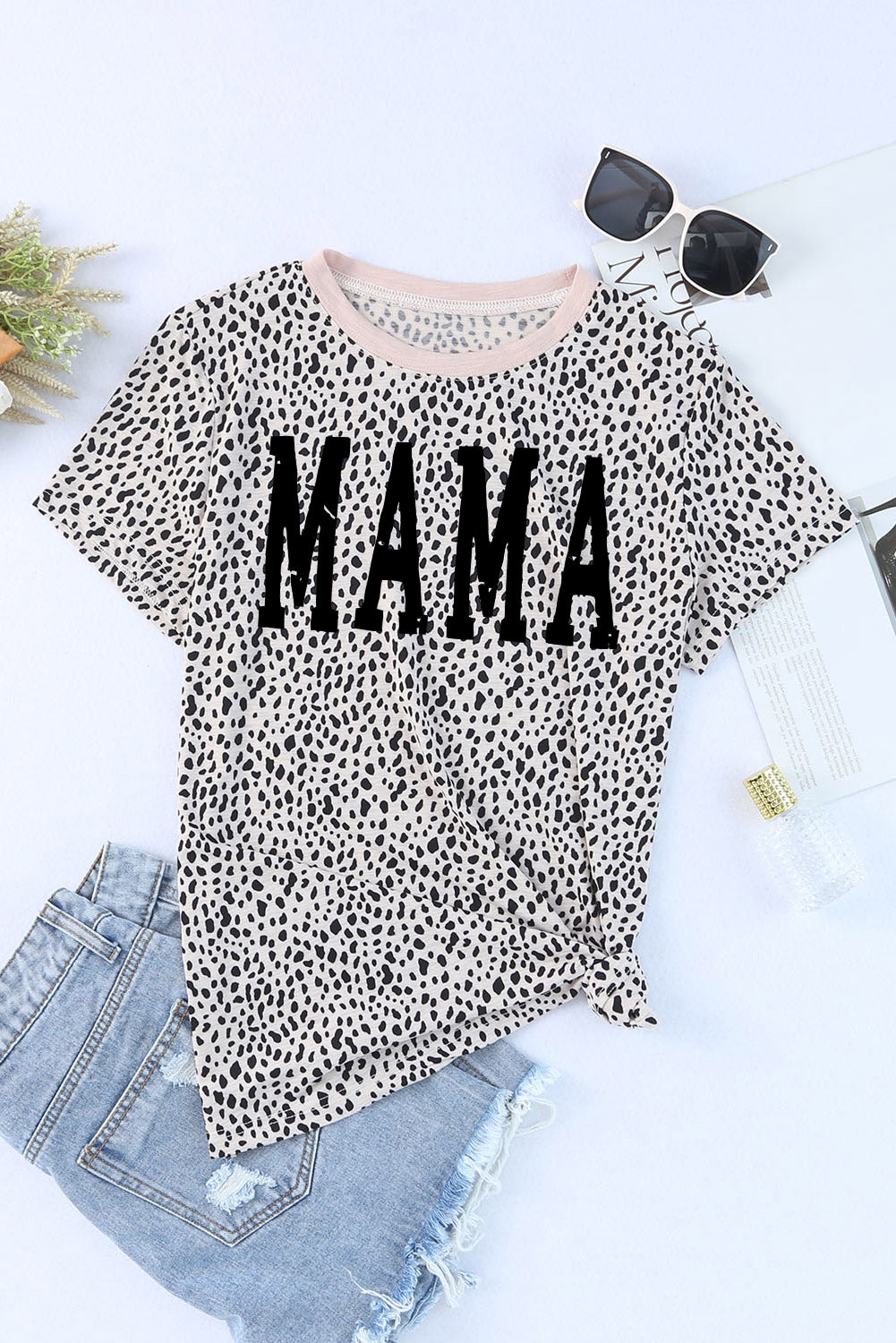 Flat lay of MAMA animal print round neck t-shirt
