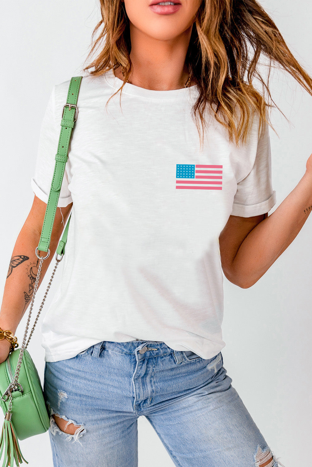Casual US Flag Round Neck T-Shirt with small flag print
