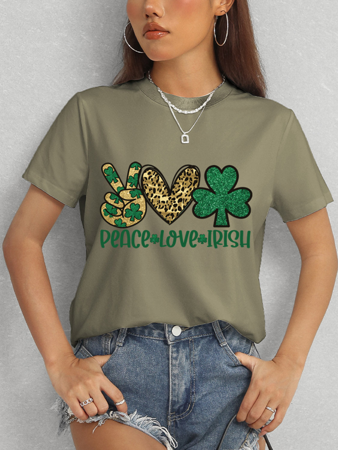 Olive Peace Love Irish T-Shirt styled with shorts