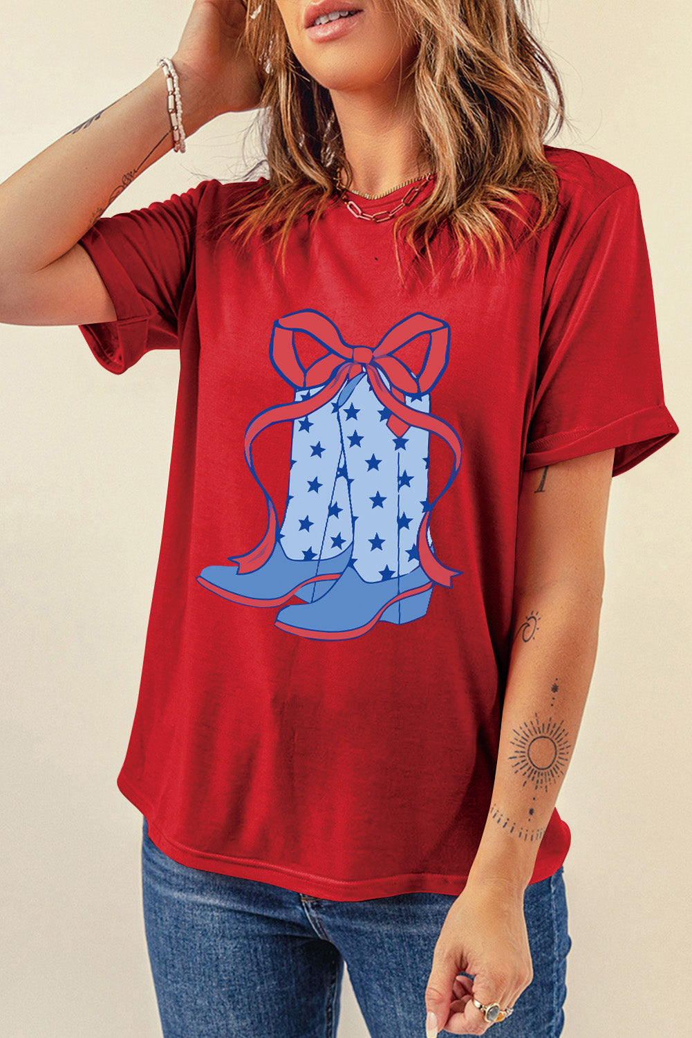 Red short sleeve T-shirt featuring boot design