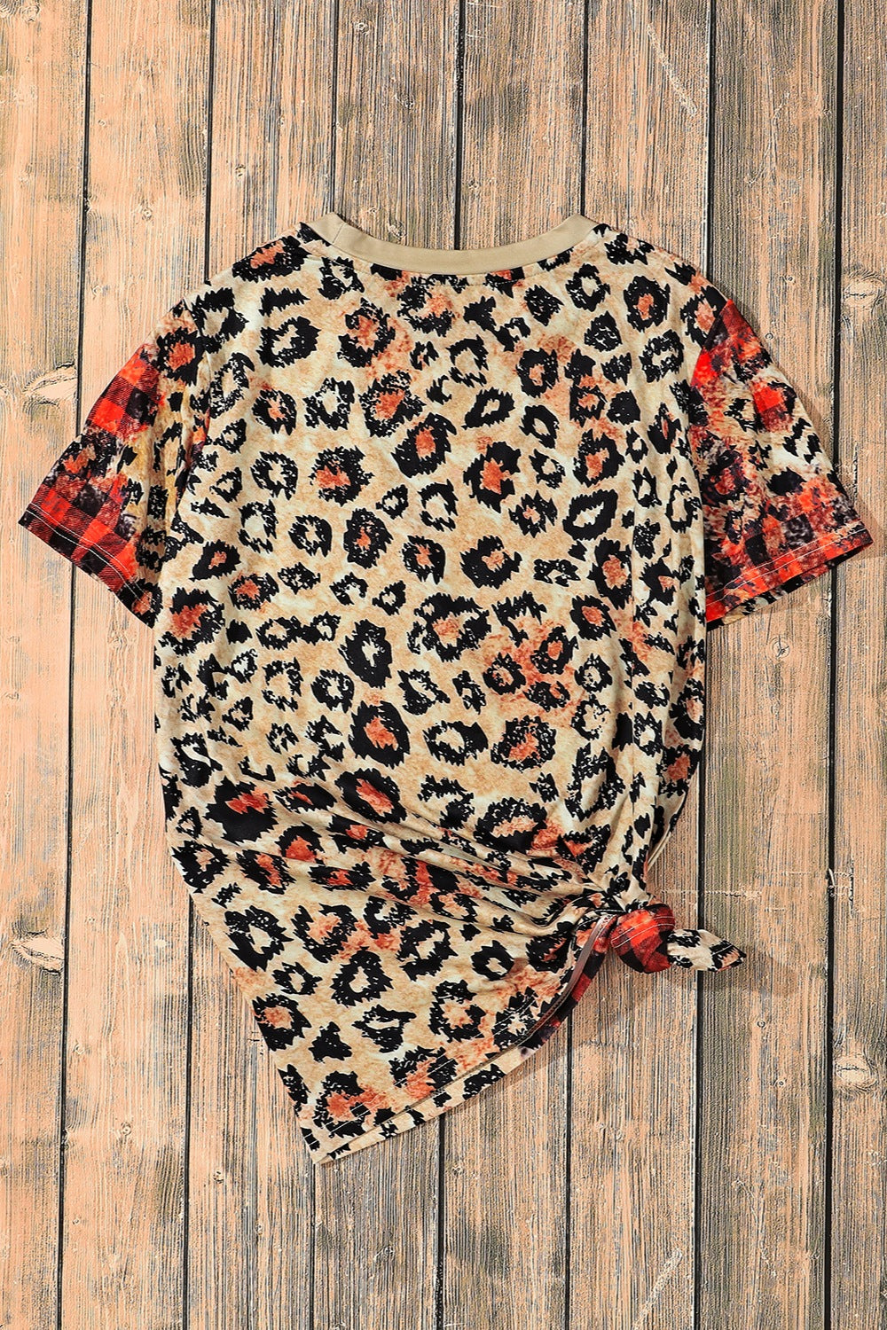 Back of AMEN t-shirt with leopard and plaid pattern